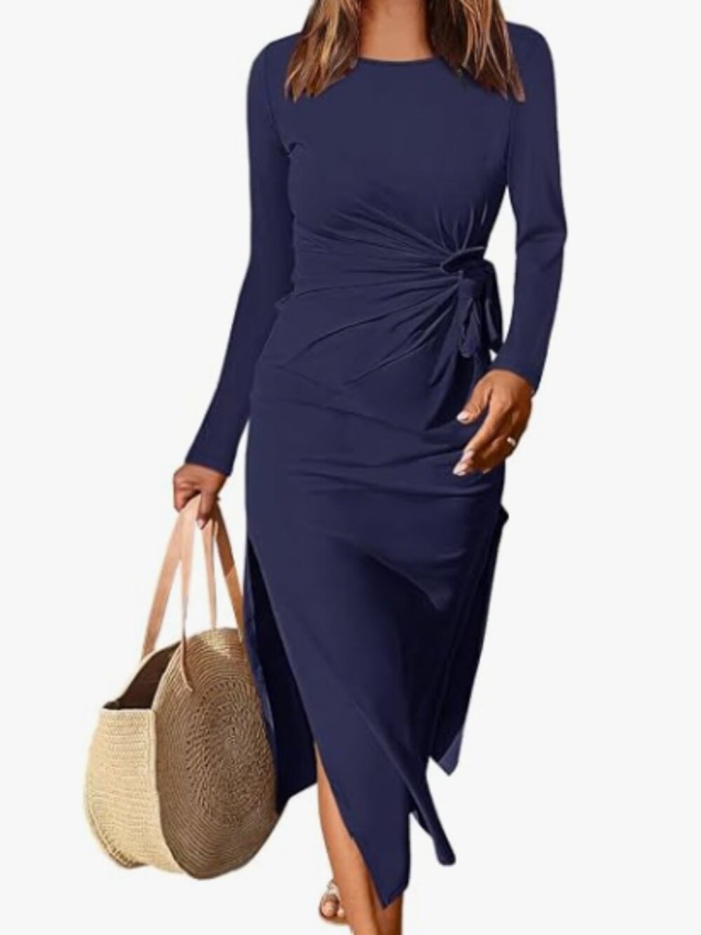 ANRABESS Long Sleeve Tie‑Waist Maxi Dress – Navy Blue – Size Small